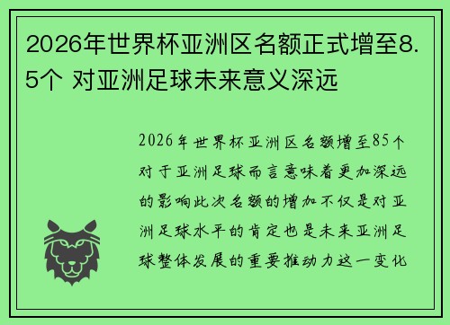 2026年世界杯亚洲区名额正式增至8.5个 对亚洲足球未来意义深远 2026年世界杯亚洲区名额正式增至8.5个 对亚洲足球未来意义深远